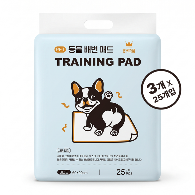 10위 - 하루꿈 배변패드 고흡수 대용량 새지않는 반려동물용 강아지 고양이 펫패드, 3개, 25개입