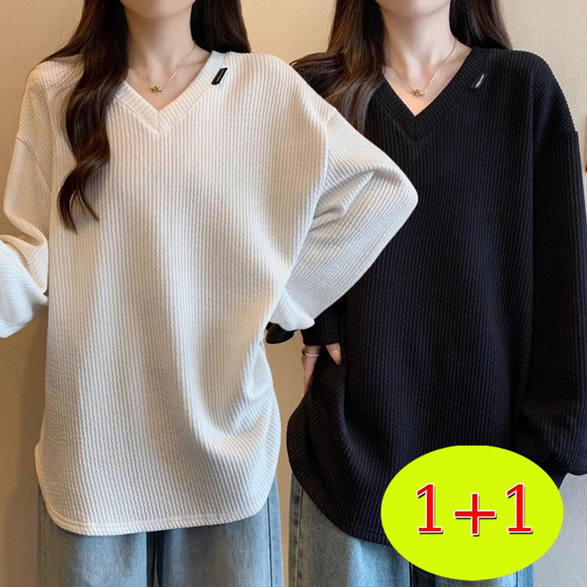 POMTOR 1+1 빅사이즈 여장 브이넥 긴팔 맨투맨 추동 도톰 오버핏 긴팔 티셔츠 가을 데일리 상의