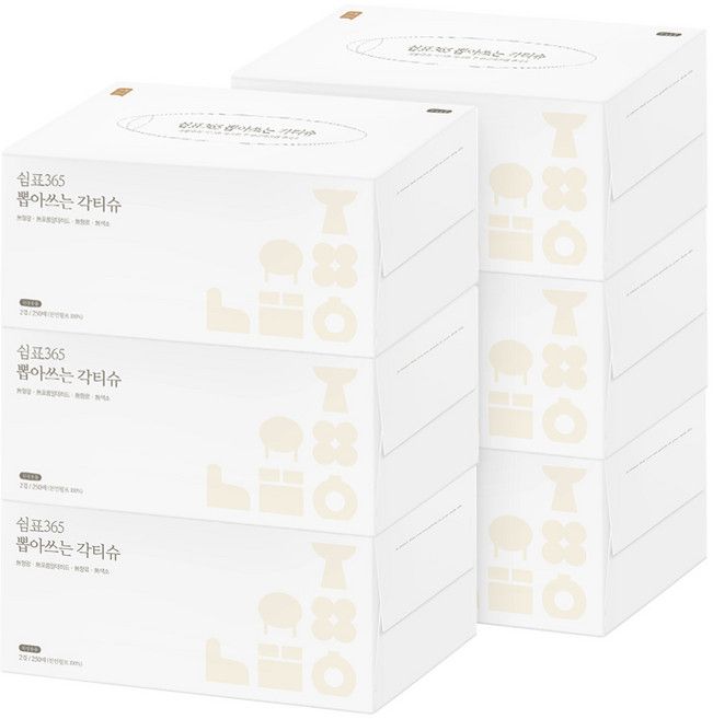 쉼표365 뽑아쓰는 대용량 각티슈 250매 6팩 미용티슈 곽휴지 곽티슈, 6개