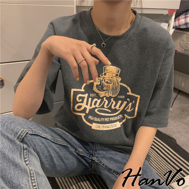 HanVo 戴紳士帽狗狗美式復古印花T恤 吸濕排汗韓版短袖上衣 修飾女生衣著 A01-1107