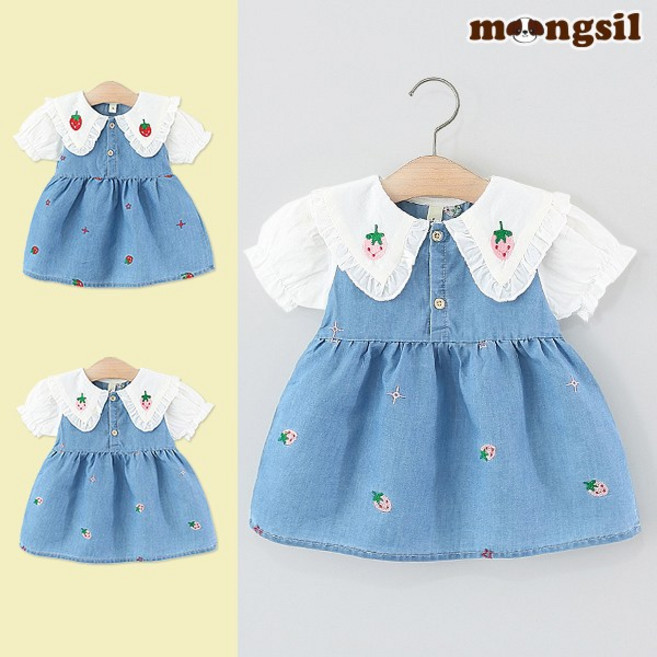 몽실이 딸기자수 데님원피스 딸기 핑크 레드 포인트 여아 프릴 여름 원피스
