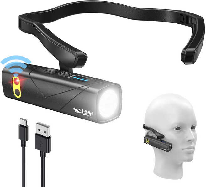 SmilingShark 공식스토어 해드랜턴 모션센서 귀 장착 헤드라이트 및 손전등 작업등 c타입 방수 5모드 이어램프 캠핑 낚시 자전거 등산 해루질 다용도 조명, 1개, 블랙
