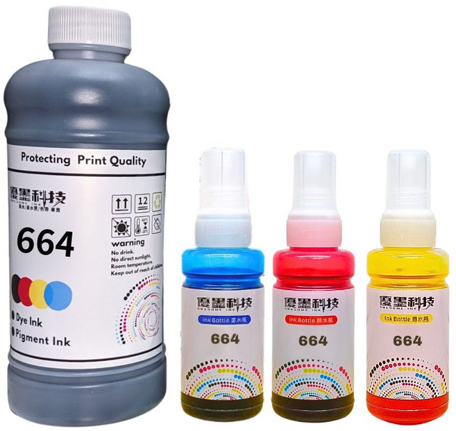 優墨科技 相容EPSON T664/T672系列印表機墨水, 黑 500ml+紅青黃各 70ml, 1個