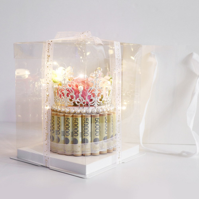 용돈박스 비누꽃 생신 생일 용돈 (왕관돈케이크 + 전용쇼핑백 + 페이크머니 + LED전구), 1개, 핑크