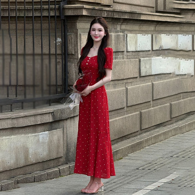 TKX 여성 도트 패턴 스퀘어넥 퍼프소매 슬림핏 롱 원피스 A라인 우아한 데일리룩 바캉스 연출