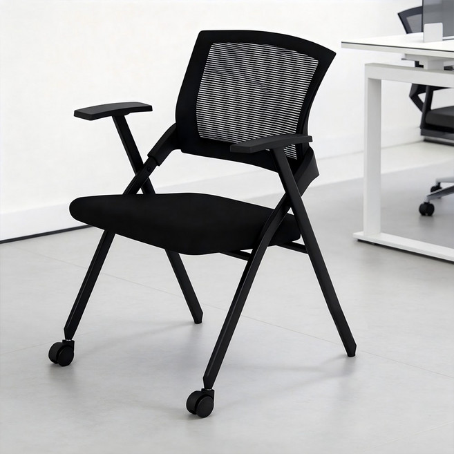 Takata 접이식 메쉬 의자 사무실 회의실 트레이닝 체어 이동식 바퀴 통기성 우수 공간절약 다용도 간이 의자 CC1, 검은색