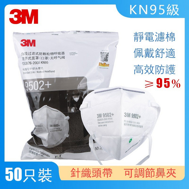 3M KN95級 防粉塵顆粒物口罩 9501V/9502+ 靜電濾棉 高效防護 50入, 1個, 頭帶式無呼吸閥【50入/袋】9502+