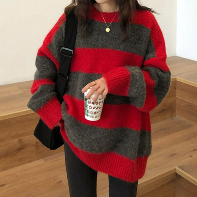 여성 라운드 오버핏 루즈핏 빅 스트라이프 단가라 줄무늬 니트 오버빅스트라이프니트