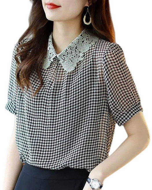 WANGBAIWAN 여성 프린트 타이넥 반팔 블라우스 루즈핏 시원하고 우아한 쉬폰 셔츠 오피스 데일리룩 Z022517