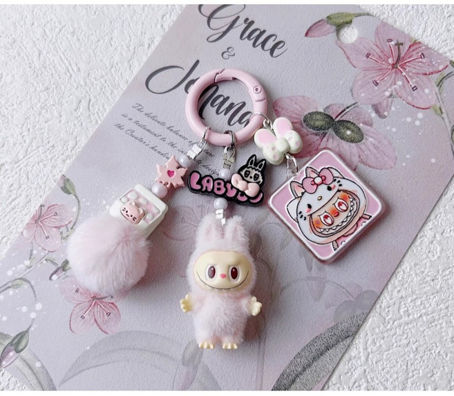 拉布布 Labubu 絨毛鑰匙圈吊飾 粉色款 包包手機掛飾 禮物推薦