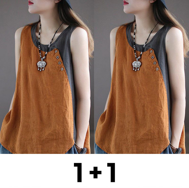 메인워크 1+1 여성 빅사이즈 나시 티셔츠 여름용 냉장고 순면 루즈핏 끈 나시 패치 루즈핏 데일리 린넨 쿨링 아이스 민소매 상의 2매입