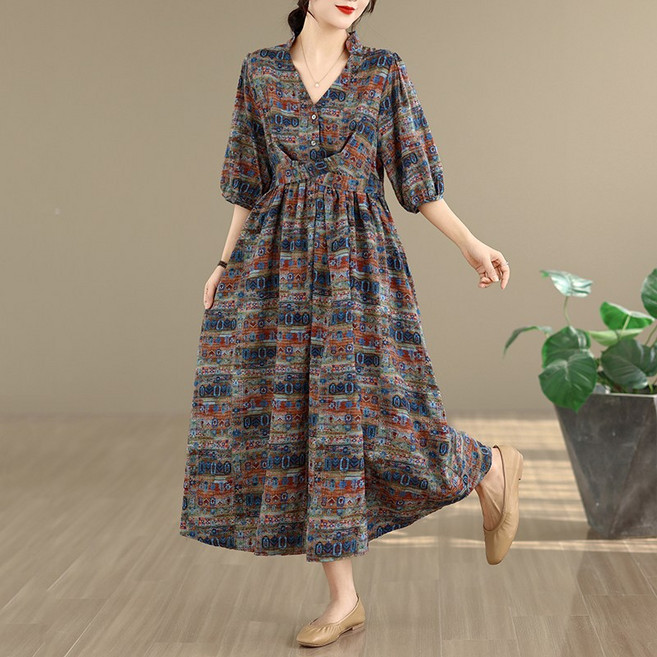 티티웍스 여성 V넥 빅사이즈 허리끈 퍼프소매 A라인 프린트 뒷밴딩 롱 원피스