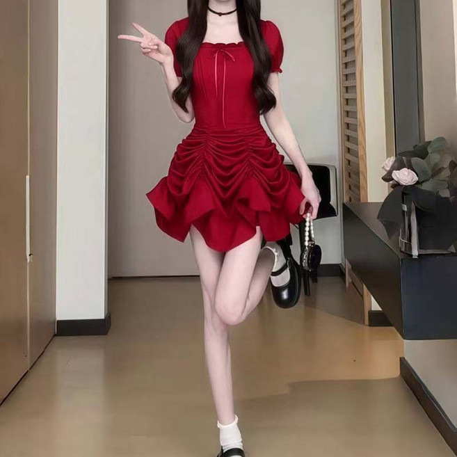 봄여름 여성용 숏 원피스 - 퍼프 슬리브 허리 라인 강조 슬림 핏 터틀 밑단 데이트데일리 멀티 코디