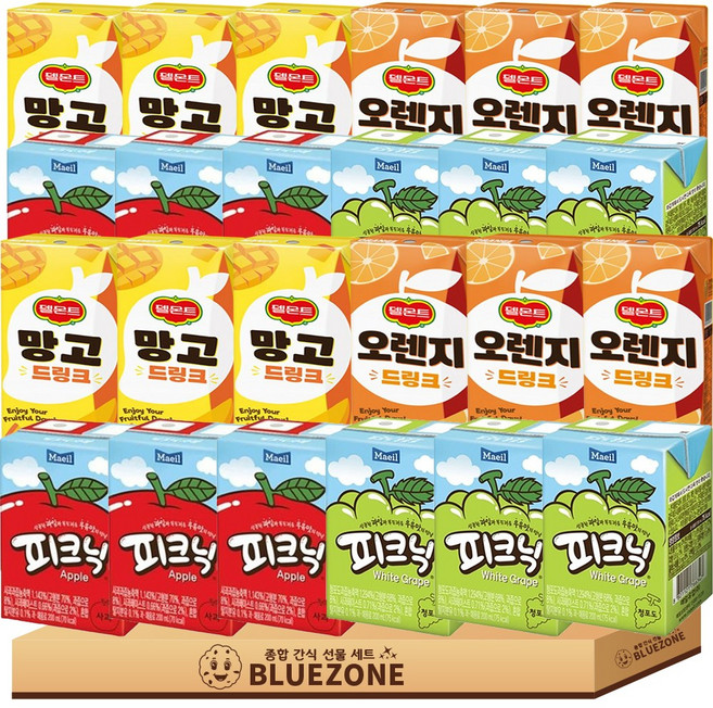 [블루존] 델몬트 매일 과일주스 음료 세트 매일 피크닉 사과6 청포도6 델몬트 오렌지6 망고6, 24개, 190ml