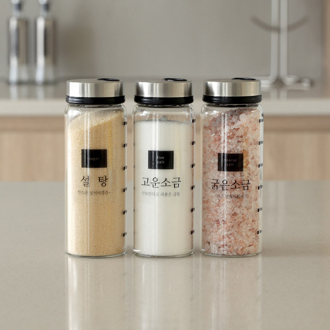 더쉐프 304스텐 양조절 눈금 내열유리 양념통 조미료통 유리양념병 3개세트 + 스티커, 300ML, 1개