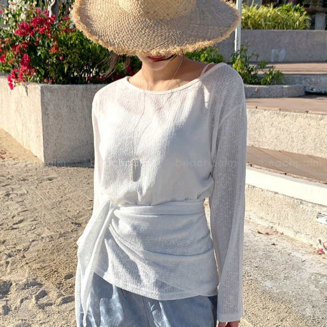 [비치팜] 마인드 랩 오프숄더 니트 여름 비치웨어 시스루 커버업 긴팔 티 탑 상의, 아이보리