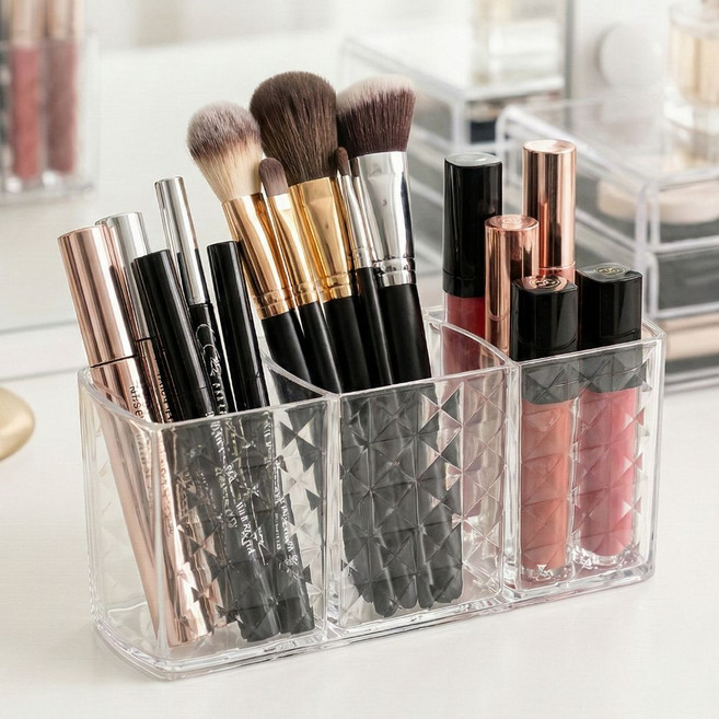누아벨 아크릴 3칸 메이크업 브러쉬 립스틱 꽂이 화장대 정리함, 투명, 1개