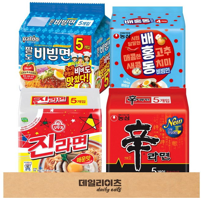 [데일리이츠] 농심 오뚜기팔도 봉지라면 멀티팩 4종 E (신라면 진라면매운맛 팔도비빔면 배홍동비빔면), 1박스