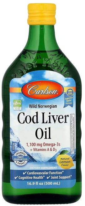 Carlson 노르웨이산 야생 대구 간유 천연 레몬 맛, 16.9 액상 온스, 1개, 500ml - 쿠팡