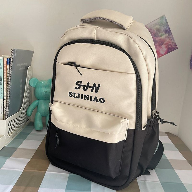 SIJINIAO 簡約素色韓系大容量雙肩包女學生書包, 暗黑色單包