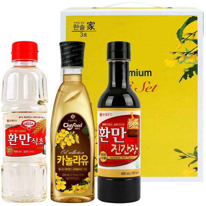 롯데 프리미엄 오일 3종세트(롯데 환만식초 500ml+롯데 쉐푸드 카놀라유500ml+롯데 환만 진간장480ml), 1개