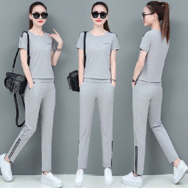 【韓版寬鬆】運動套裝女 休閒運動服 跑步服 健身服 瑜伽服 短袖長褲兩件套 速乾透氣 夏季新款 2025時尚潮流