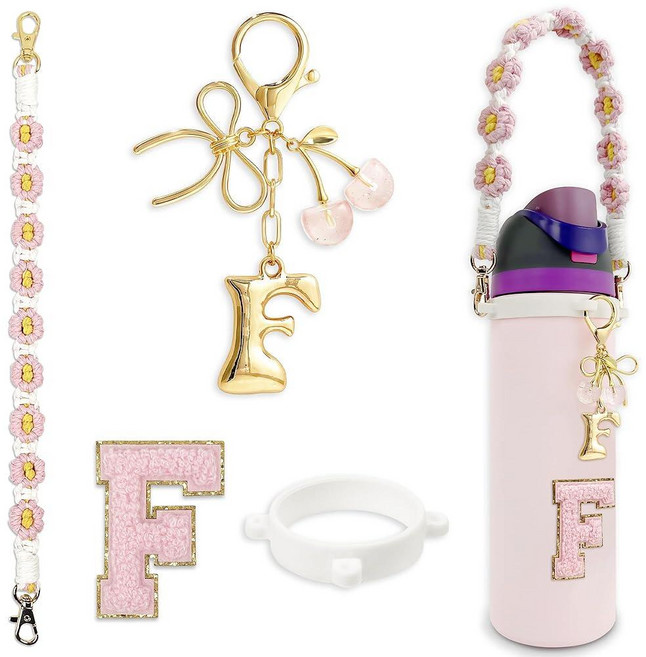 BydGxy Owala FreeSip & Tumbler용 체리 리본 나비매듭 레터 참 맞춤형 이니셜 물병 손잡이 액세서리 프레피 스타일 선물 화이트 - H 166482, 글자 M, 핑크