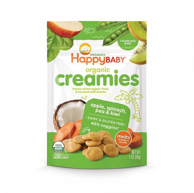 Happy Baby Organic Creamies Apple Spinach Pea & Kiwi 해피 베이비 오가닉 크리미스 사과 시금치 완두콩 키위 1oz(28g) 8팩, 1개, 1, 28g - 쿠팡