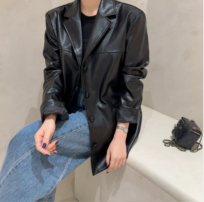 서진맘 여성 트렌드 루즈핏 인조가죽 정장형 가죽 자켓