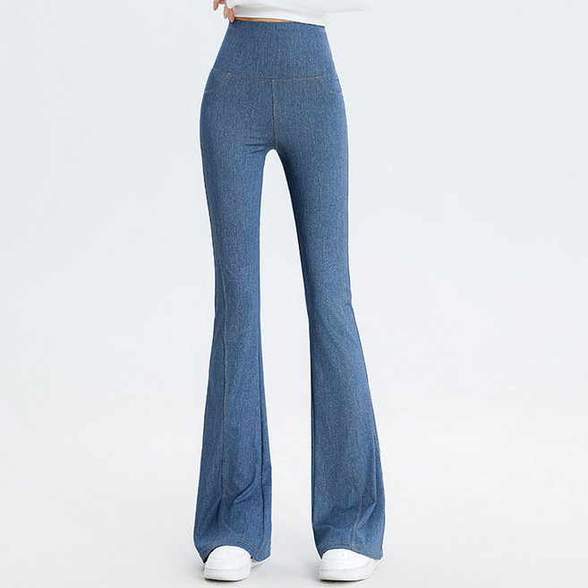 디에이치알 여성용 페이크 데님 부츠컷 레깅스 하이웨스트 슬림핏 나팔 바지 힙업 효과 부츠컷 요가 바비팬츠 캐주얼 팬츠