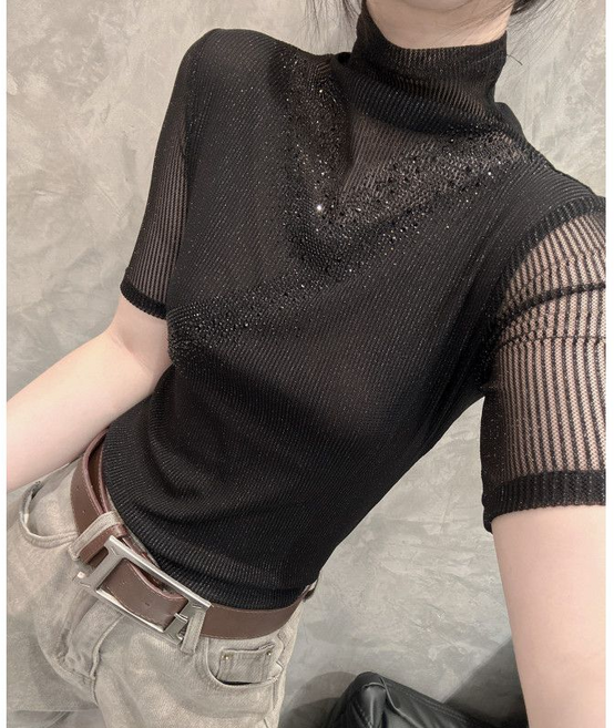 여름 여성 목폴라티 캐주얼 망사 레이스 슬림핏 스판 반팔 반폴라티 이너티 데일리 여자 반목 반팔티 YJW