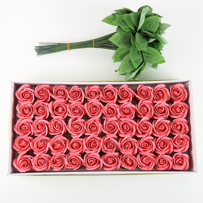 DIY 장미 비누꽃 50송이+잎사귀 꽃대 50개, 1개, 베리 핑크