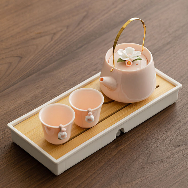 MAKABORO 도자기 다기세트 티포트 +다반+차잔 2p 심플 가벼운 대나무 다도 트레이 세트, 1세트, 핑크