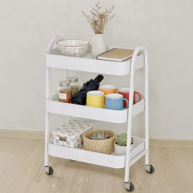 PYROVINE 이동식 수납카트 욕실 주방 틈새 트롤리 다용도 선반, 화이트, 3단
