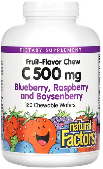네추럴팩터스 천연 과일 비타민 C 블루베리 라즈베리 및 보이젠베리 500 mg 츄어블 웨이퍼 180개, 180정, 1팩 - 쿠팡