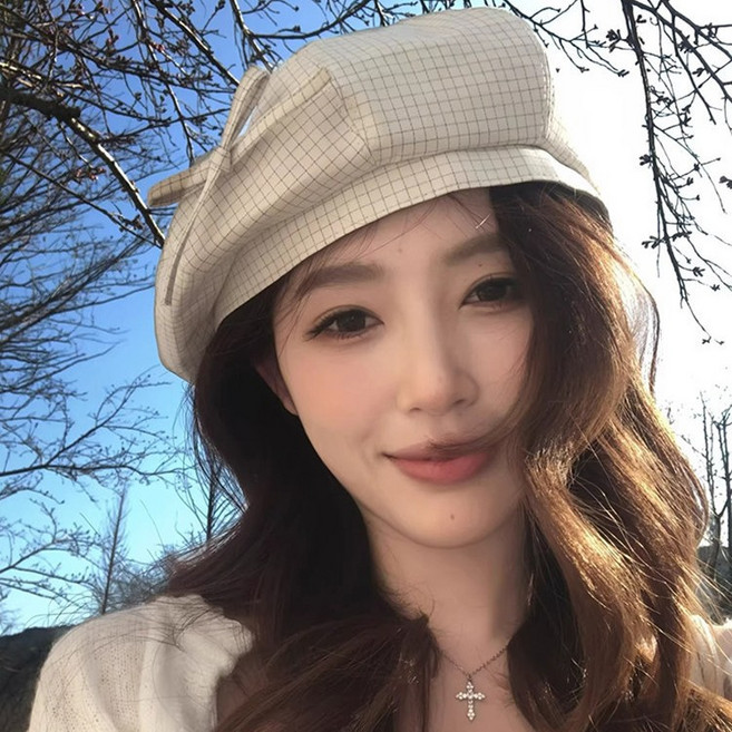 韓系 格紋 蝴蝶結 貝雷帽