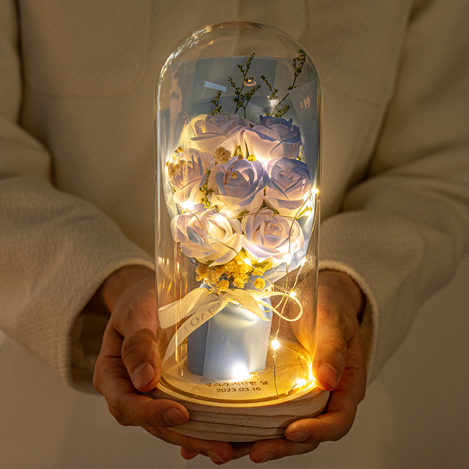 마음담은집 "영생화" 시들지 않는 유리돔 무드등 꽃다발, 오션 블루