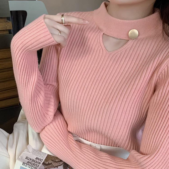 슬림소녀 여성 반목 슬림 심플 스웨터 긴팔 보온 니트 부드럽고 편안한 상의