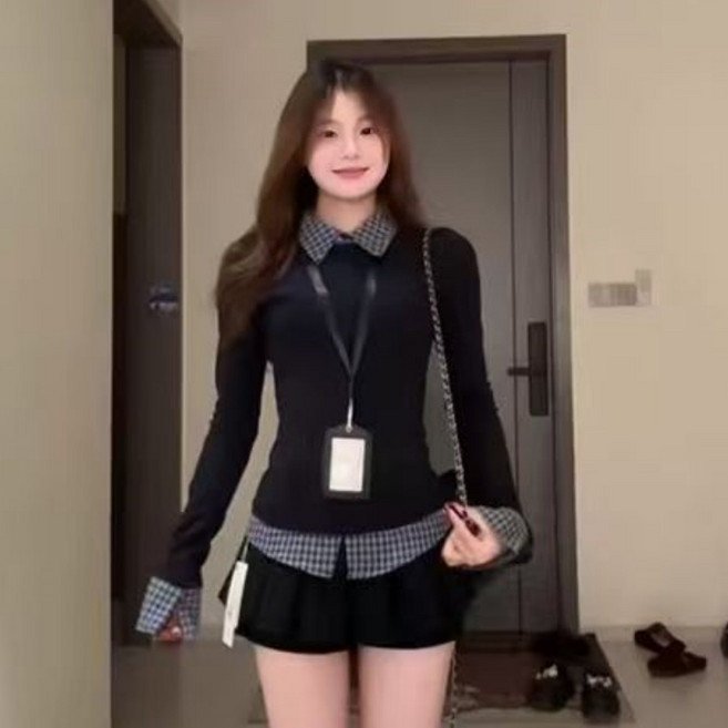 JIEVE 여성 가을 겨울 긴팔 니트 셔츠 체크 패턴 페이크 레이어드 스타일 트렌디 편안한 SZ110796