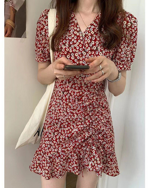 小個子法式碎花連衣裙女夏季2026新款收腰抽繩小雛菊魚尾短款裙子, L