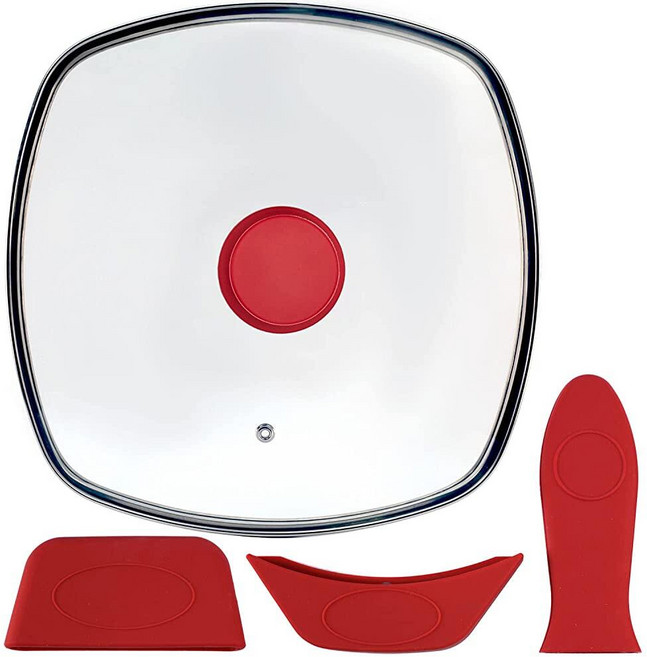 FOLI 스팀 벤트 구멍이 있는 그릴 팬용 사각 유리 뚜껑 - Lodge 주철 프라이팬 26.67cm(10.5인치) 실리콘 냄비 홀더에 적합 - 정사각형 강화 유리 뚜껑 - 범, 10.5INCH SQUARE GLASS LID, 레드 라운드 실리콘 손잡이, 1개