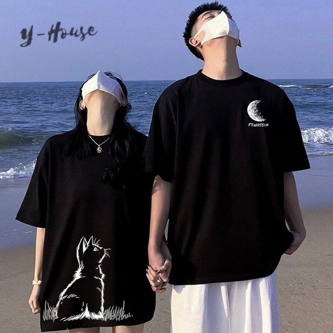 Yhouse 夏季情侶裝 短袖T恤 男女寬鬆, 男圖款-黑色,S【40-45KG】, 黑色