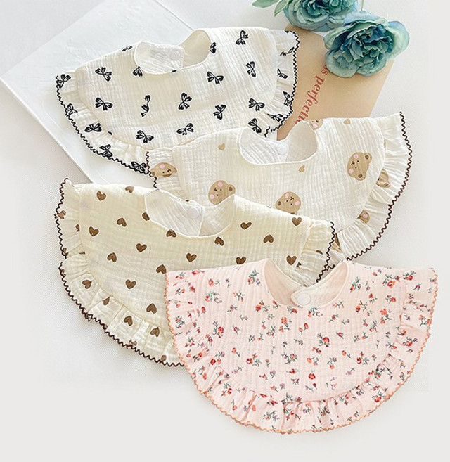 [KC인증] 몽실이 패턴 레이스 롤링턱받이 4set 아동 유아 베이비 사계절 빕 이유식 턱받이