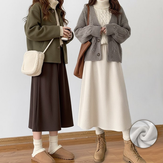 루이벤 여성 코듀로이 기모 골덴치마 롱스커트 플레어 하이웨스트 A라인 허리밴딩 가을 겨울치마