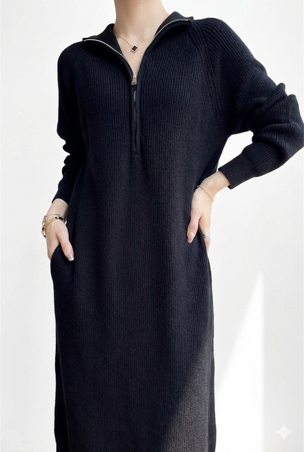 보씨엘 지퍼 카라넥 골지 미디 원피스 H라인 긴팔 가을 겨울 일자핏 CLBF1089