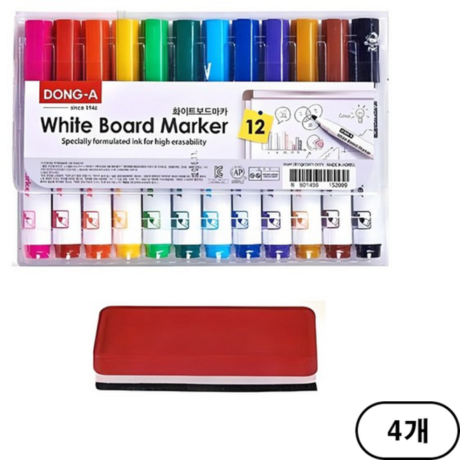동아 화이트 보드마카 + 보드지우개, 12색(12Color), 4개입