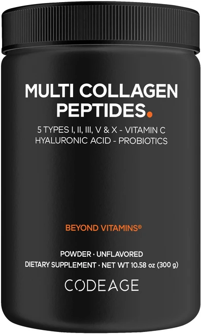 코드에이지 하이드롤라이즈드 멀티 콜라겐 펩타이드 히알루로닉 애시드 - 비타민 C - 프로바이오틱 무맛 파우더, 1개, 300g - 쿠팡