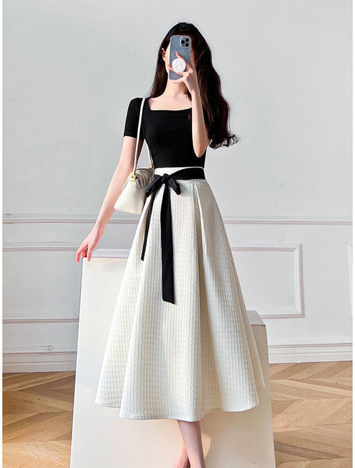 POMTOR 여성 고급스러운 투피스 반팔 슬림핏 하객룩 치마세트