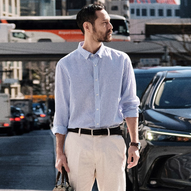 [STCO] 남성 자개단추 소프트 스트라이프 린넨 셔츠 레귤러핏 블루