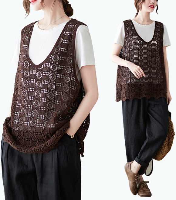 여름 보헤미안 그물 레이어드 브이넥 니트조끼 베스트 와플브이넥니트조끼(끈 민소매 포함)